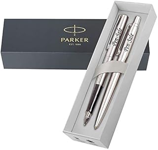 Personalised Engraved Parker Jotter Stainless Steel Ballpoint & Fountain Pen Set BLACK INK