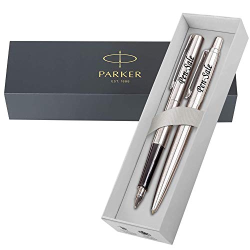 Personalised Engraved Parker Jotter Stainless Steel Ballpoint & Fountain Pen Set BLACK INK