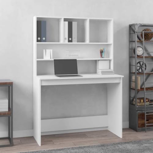 Myheimly Schreibtisch mit Regal, Computertisch mit viel Stauraum, Tisch für Wohnzimmer Büro, Bürotisch Arbeitstisch, Holzwerkstoff Weiß