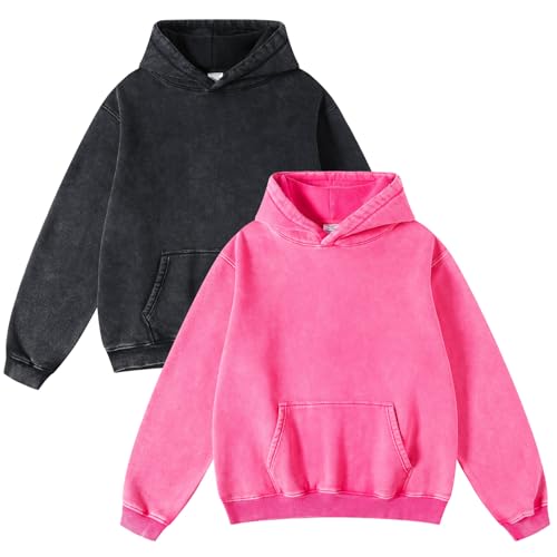 FAIABLE 2 Pack Acid Wash Oversized Vintage Unisex Heavyweight Distressed Cotton Fleece Washed Hoodie for Men Women Couples Streetwear College Black Pink