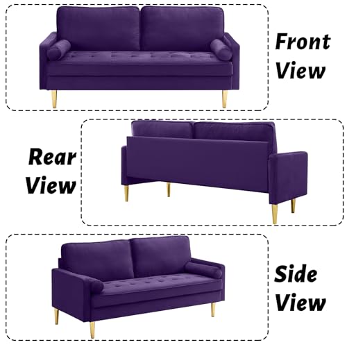 HRVEOCEI 65 Inch Purple Velvet Couch, Small Loveseat Sofa & Office Sofa for Small Space, Smalls Couch for Bedroom Livingroom, 2 Pillows, Gold Legs, Tufted Seat (Purple)
