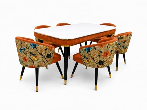 Image of WOODEN SPACE 6-Seater Wooden Dining Table Set | Nano Composite Marble Top | Solid Wood Base | Modern Dining Room Furniture with 6 Chairs (Mustard Printed)