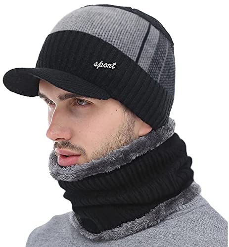Alexvyan Warm Soft Beanie Cap Combined with Scarf Snow and Air Proof Fleece Knitted Cap (Inside Fur) Woolen Winter Cap with Scarf for Men Boy Male -20 Degree Temperature