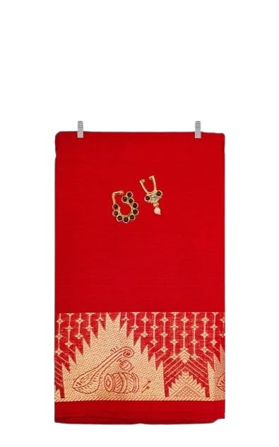 Bharatanatyam Dance Practice Half Saree with Nathu Bulak Nose Pin Ring, Cotton Traditional Classical Dance Training Wear, Red with Gold T-V Border, Handmade-image-11