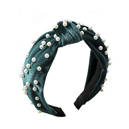 Headbands for Women Pearl Headband Twisted Faux Pearl Velvet Headband Women Wide Hair Hoop Vintage Headband Knot Turban for Women and Girls (Green)