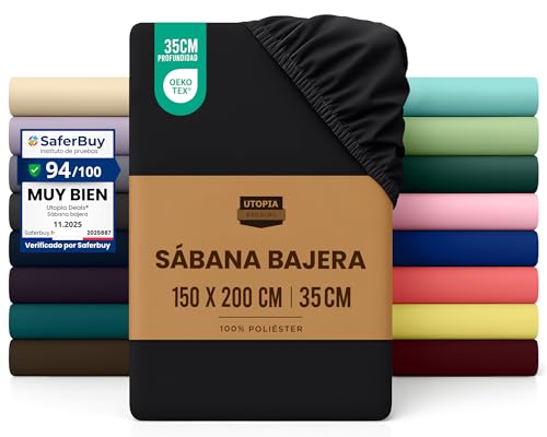 Utopia Bedding Sabana Bajera 150x200 - Negro - Certificado Oeko Tex - Bolsillo Profundo - Microfibra de Poliéster Cepillado (Cama 150)