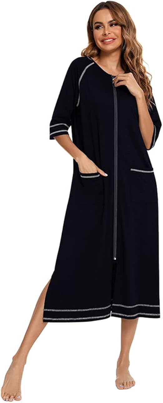 Women's Half Sleeve Robes Zip Front Nightgowns Loose