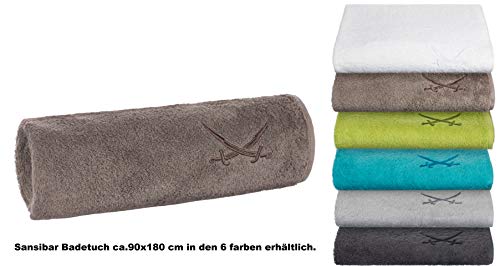 Sansibar Badetuch 90x180 cm – saugstarkes Strandtuch/Saunatuch aus Baumwolle – Oeko-TEX zertifizierter Frottee – Sylt-Design mit gesticktem Säbel-Logo – Taupe