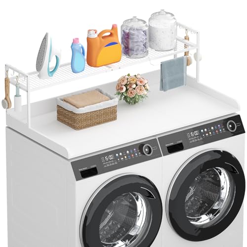 Image of Lifewit Washer Dryer Adjustable Countertop with Shelf, White, 54''x 27.5'' | Adjustable shelf, melamine top cover, edge rails and towel rack support up to 200 lb for laundry room storage
