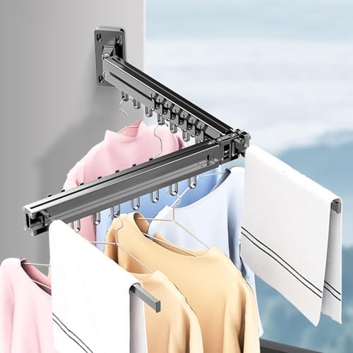 Wall Mounted Clothes Drying Rack, Foldable 180° Swivel Laundry Hanger, Space-Saving Bi-Fold Design with Windproof Hooks & Hidden Towel Rail, Strong Load-Bearing, Matte B