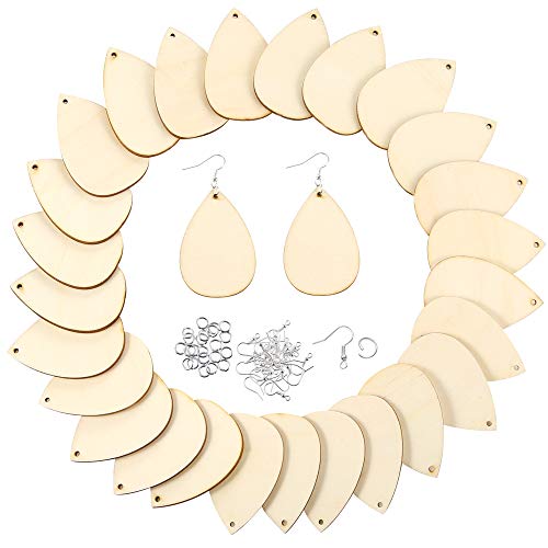 Caydo 50 Pieces Unfinished Wood Teardrop Earring Pendant with 50 Pieces Earring Hooks