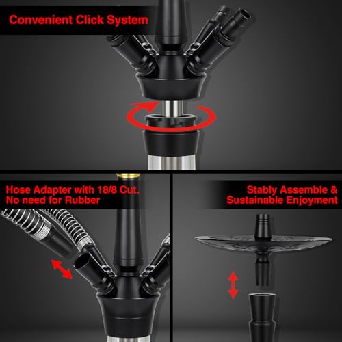 schlauch Shisha Set Komplett Schisha 4 Anschlüsse - Shisha mit Premium Wasserpfeife Zubehör inkl. 4 Schaluch Phunnel Kopf Mit HMD + 4 Mundstück Tauchrohr - Schwarz