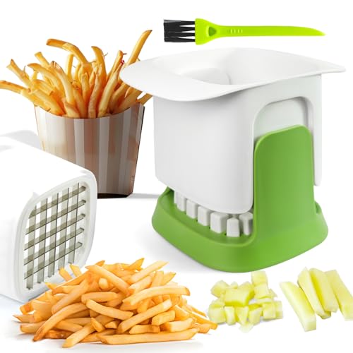 Troceador de Patatas en Acero Inoxidable, Cortador Patatas Fritas Profesional con Cepillo de limpieza, Corta Patatas Manual, Cortapatatas Acero inoxidable, Ideal Para Cortar Pepinos, Verduras y Frutas