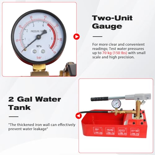 Image of Hydrostatic Test Pump, 2 Gallon 7Mpa Water Pipe Leakage Pressure Tester, Hydraulic Hand Water Pressure Test Pump with Gauge Tank