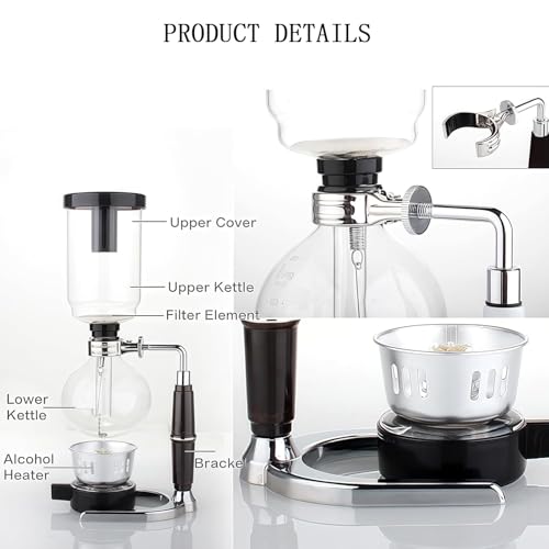 Siphon Coffee Maker, Glass Syphon Vacuum Coffee Makers, Syphon Pot Coffee Maker with Alcohol Burner, Stable & Durable Base, Anti-scalding Handle Material & Crack Resistance for Office, Coffee