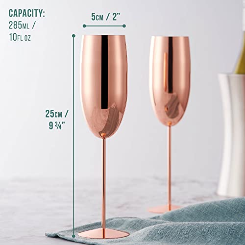 Oak & Steel - 4 Stainless Steel Champagne Flutes - Camping Wine Glasses - Picnic Champagne Flutes - Rose Gold, 285 ml