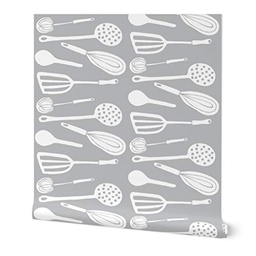 Commercial Grade Wallpaper Swatch - Magic Kitchen Tools Driftwood Grey & White Spoon Egg Vintage Traditional Wallpaper by Spoonflower