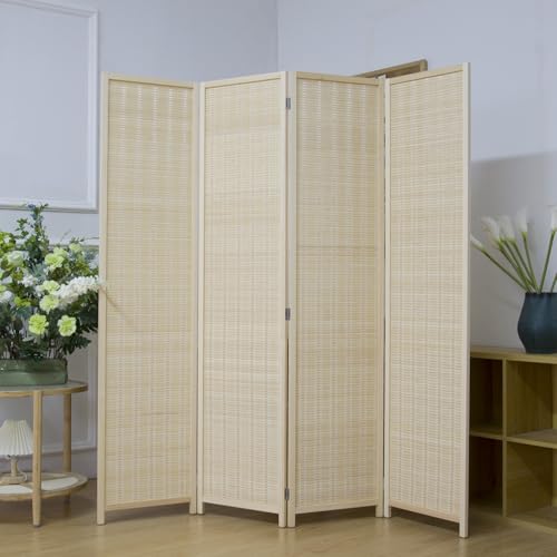 4 Panel Room Divider Screen, 5.6 FT Tall Bamboo Folding Privacy Screen, Freestanding Room Separator, Beige