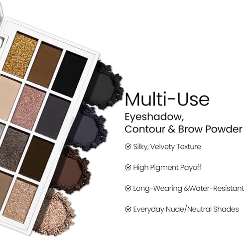 Image of Erinde Nude Brown Eyeshadow Palette, 12 Colors Matte Shimmer Beige Silver Gold Taupe Champagne Gray Black Eye Shadow Palette, Highly Pigmented Long Lasting Waterproof Eyeshadow Pallete, 02