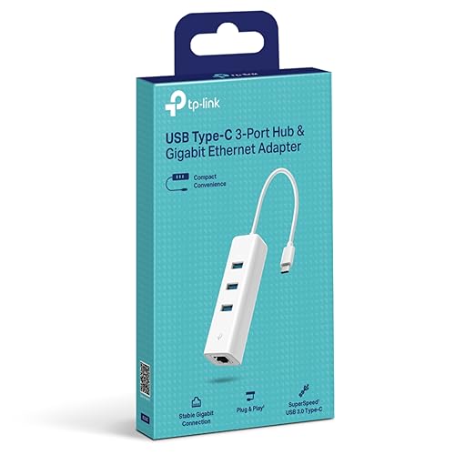 Image of TP-Link UE330C USB 3.0 Type-C 3-Port Gigabit Ethernet Network Adapter RJ45 LAN Wired Hub for Ultrabook, Chromebook, Laptop, Desktop, Plug & Play, Foldable and Portable Design