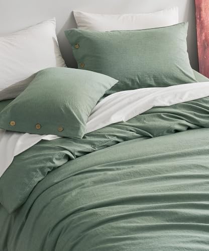 Image of JELLYMONI 100% Washed Cotton Green Duvet Cover Twin, Linen-Like