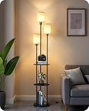 GOEBLESON Floor Lamp with Shelves, Industrial Floor Lamp with 3 Linen Shades and Foot Switch, 3-Light Standing Lamp, for Living Room, Bedroom, Study, Black and Beige ZE53LDK05