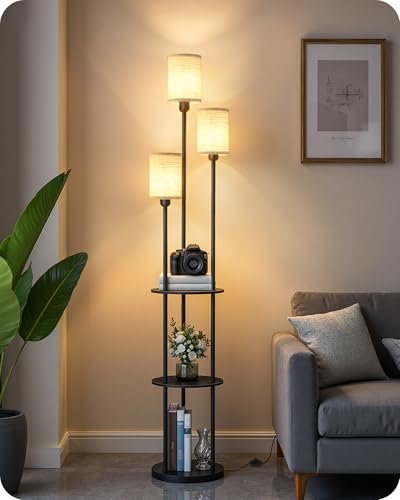 GOEBLESON Floor Lamp with Shelves, Industrial Floor Lamp with 3 Linen Shades and Foot Switch, 3-Light Standing Lamp, for Living Room, Bedroom, Study, Black and Beige ZE53LDK05
