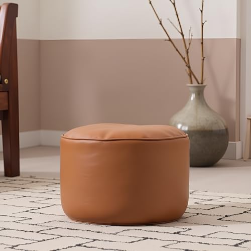 Image of Premium Faux Leather Footstool /Footrest /Pouffe | EPS Beans Filled | Ready to Use | Soft Cushioned Ottoman | Durable Leatherette Finish | Living Room, Bedroom & Office Color- (Tan)
