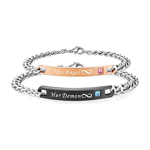 SunnyHouse Jewelry His & Hers Matching Set Titanium Stainless Steel His Angel Her Demon Couple Bracelet in a Gift Box (A PAIR) Cover
