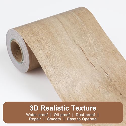 Image of JUNART Wood Grain Repair Tape(10cmx1000cm), Self-Adhesive Waterproof Realistic Textured Repair Duct Tape for Tables, Baseboards, Doors, Windows, and Floors with Plastic Scraper(Yellow Teak)
