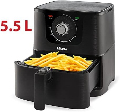 Mienta Air Fryer Mega- AF47534A with the cooking basket pulled out, filled with golden-brown french fries, highlighting its 5.5L capacity.