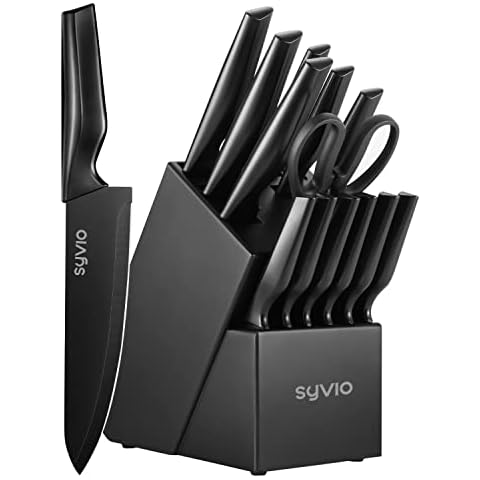 syvio Block Knife Set, 15 Pcs Kitchen Knife Set with Block and Sharpener, with Heavy Poultry Shears and 6pcs Serrated Steak Knives Razor-Sharp, Stainless Steel, Lightweight, Anti-Slip Handle Cover
