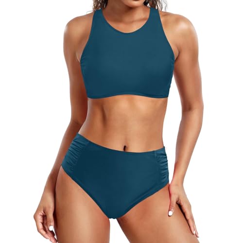 Bikini de maternidad sexy para mujer, traje de baño de dos piezas, traje de baño vintage, juego de bikini retro de dos piezas con estampado fruncido, cintura alta, camiseta larga para hombre, marine