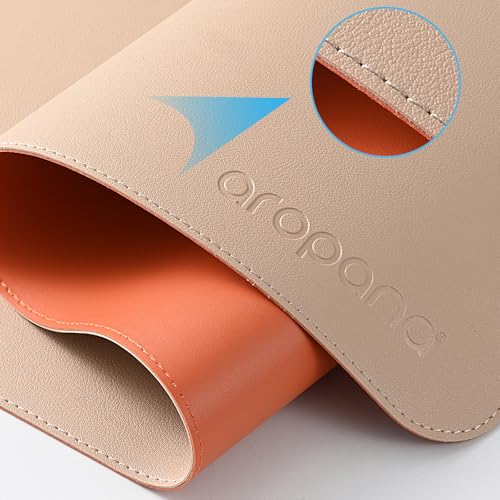 Image of AROPANA Vegan Leather Desk Mat | Large Reversible Mouse Pad & Computer Table Protector | Dual-Side Waterproof Extended Laptop Pad with Edge-Stitched Design (70x35CM, Apricot and Orange)