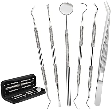 Dental Tools,Patekfly Stainless Steel 6 Pack Dental Pick Dental Floss, Dental Hygiene Tool Set,Tooth Scraper Plaque Tartar Remover Dental Tweezers Gum Floss for Personal Oral Care & Pet Use