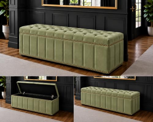 Image of Tufted Velvet Storage Ottoman Bench with Nailhead Trim (Green) | Storage Ottoman bench