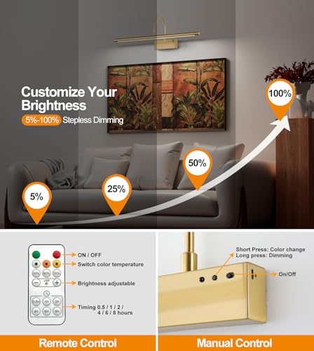 Image of Battery Operated Picture Light with Remote, 24 inch Wireless Rechargeable Art Light with Timer, Dimmable 3CCT Gallery Lighting for Paintings, Portraits, and Canvas (Brass, 23.6inch)