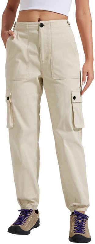 Pioneer Camp Cargobroek voor dames, lange wandelbroek voor vrouwen, duurzame cargobroek, verstelbare tailleband, outdoor joggingbroek met 6 zakken, Kaki, S