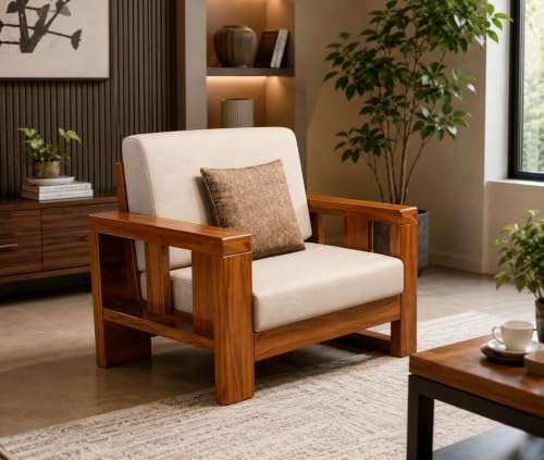 Image of Sheesham Wood 1 Seater Sofa for Living Room | Solid Wood Single Seater Cushion Sofa for Home & Office | Solid Wood Sofa Sets Furniture for Lounge and Hotels (Honey, 1 Seater)