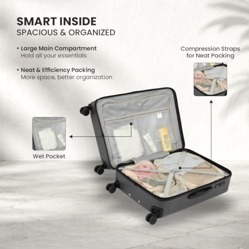 Image of SWISS MILITARY Pascal Lightweight PC Hard Large Check in Travel Luggage Trolley Bag with Anti-Theft Zippers & 3-Dial Lock, 360 Wheels, Wet Pocket & Aluminium Handle Suitcase Set of 3 -Grey