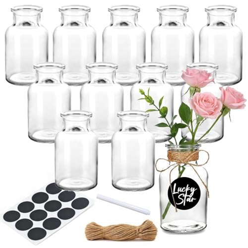 12PCS Small Glass Bud Vases 125ml Small Glass Vase Set Clear Bud Vases with 5m Jute Twine 8 stickers and a pen for Wedding Home Decor Table Centerpieces Party Desktop