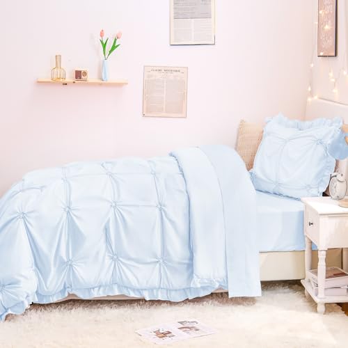 Image of Twin Comforter Set for Girls, Boho Pintuck Bedding Comforter Sets, 4 Pieces Ruffles Jacquard Embroidery Twin Bedding Sets with Comforter, Fitted Sheet, Flat Sheet and Pillowcase, Blue