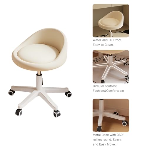 Image of Rolling Stool Chair with Backrest, Round PU Leather Adjustable Height Hydraulic Swivel Rolling Stool for Spa Salon Tattoo Massage Doctor Dental Medical Office Beige