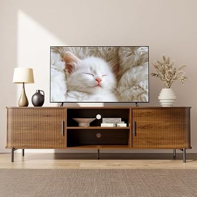 SUNCOZE 70" Mid-Century Fluted TV Stand with Storage, Modern Entertainment Centerfor TVs up to 80 Inch with Sliding Tambour Doors & Open Shelves, Media Console for Living Room or Bedroom (Walnut)