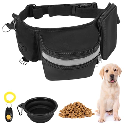 Aomig Borsa per cani 3 in 1: ciotola pieghevole, clicker e marsupio regolabile per passeggiate e allenamento a mani libere