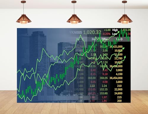 5x5ft Financial Stock Chart Overlay on City Skyline with Green Candlesticks and Market Data Photography Background for Finance and Business Birthday Party Decorations Banner Photo Studio Props