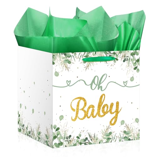 Woosytoo Sacchetto regalo quadrato gigante da 30 cm, con manici e carta velina (verde)