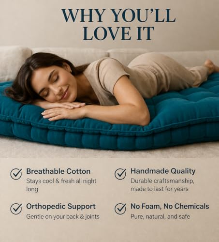 Image of Khadi Essential Cotton Gadda Mattress | Double Bed | 72x48x4.5 Inch | 100% Pure Cotton Fabric | Reversible | All Season Breathable | Soft & Firm | (Double)