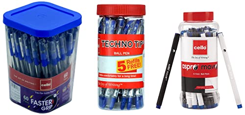 Image of Cello Aspro Mavro Black Ball Pen Pack of 50 Technotip Blue Ball Pens Jar of 25 Units & Cello Faster Grip Ball Pens | Pack of 60