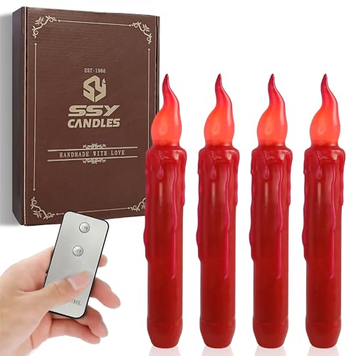 Image of Red Candlesticks Flameless Taper Candle, 4pcs Short LED Tapered Candles Remote Dipped Candle 6inch Battery Chandelier for Enchanting Christmas Harry Potter Inspired Vigils,R